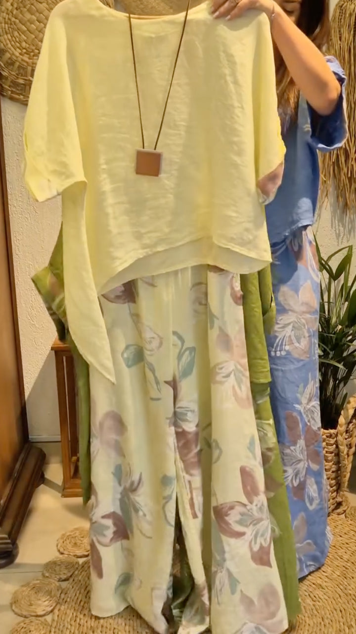 Round Neck Linen Floral Print Wide Leg Pants Set