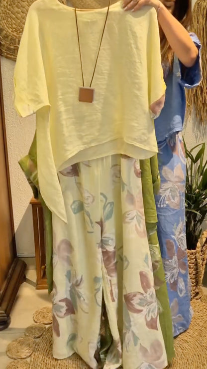 Round Neck Linen Floral Print Wide Leg Pants Set