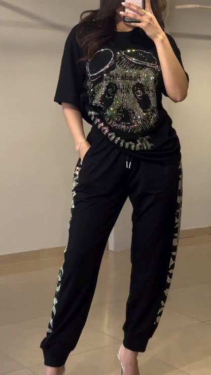 Black Rhinestone Panda Print Loungewear Set