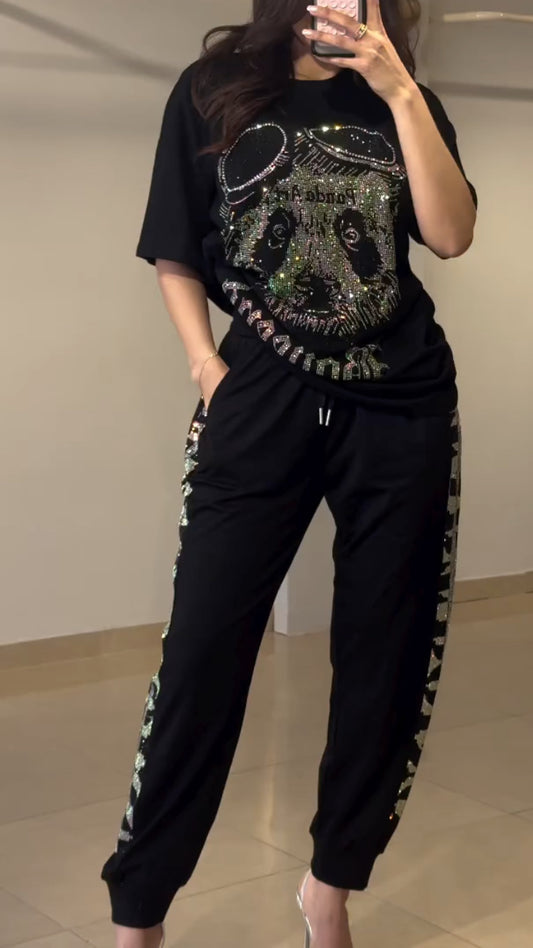 Black Rhinestone Panda Print Loungewear Set