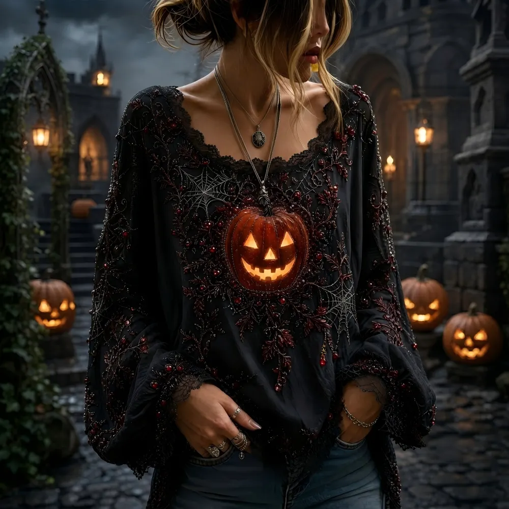 Women's Halloween Pumpkin & Spiderweb Graphic Top
