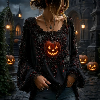 Women's Halloween Pumpkin & Spiderweb Graphic Top