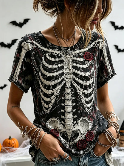 Women's Retro Halloween Style Floral Skull Embroidery Print Top
