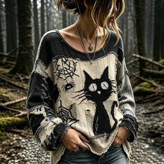 Women's Vintage Shock Spider Black Cat Patchwork Art Long Sleeve T-shirt