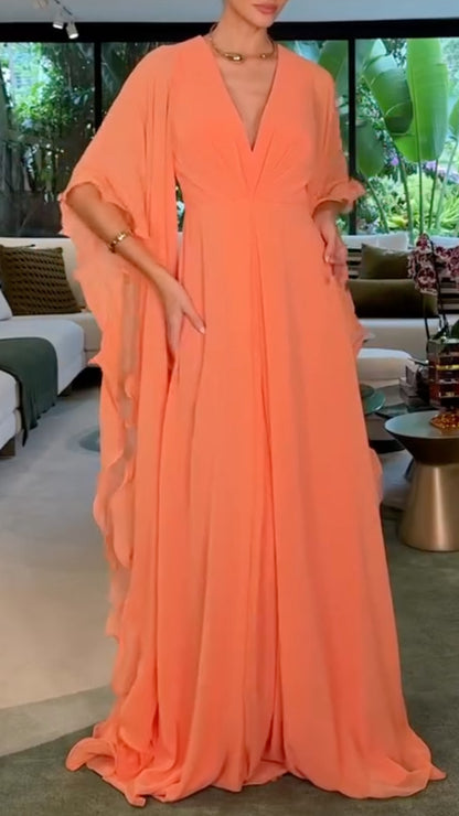Orange Chiffon Cape-Sleeve Gown