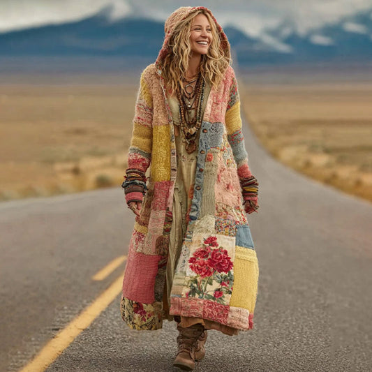 Women's Vintage Patchwork Floral Art Cozy Knit Hooded Long Cardigan