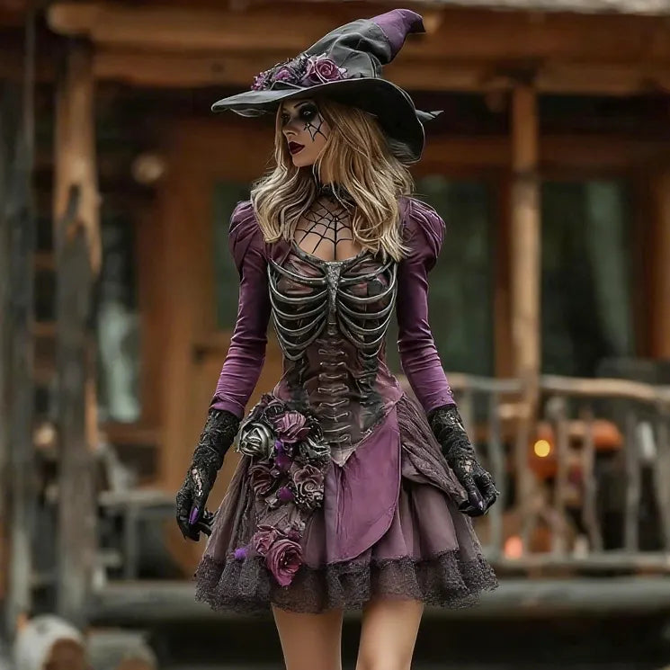 Vintage Witch Skull Rib Cage Rose Pattern Midi Dress
