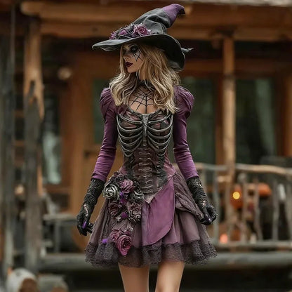 Vintage Witch Skull Rib Cage Rose Pattern Midi Dress