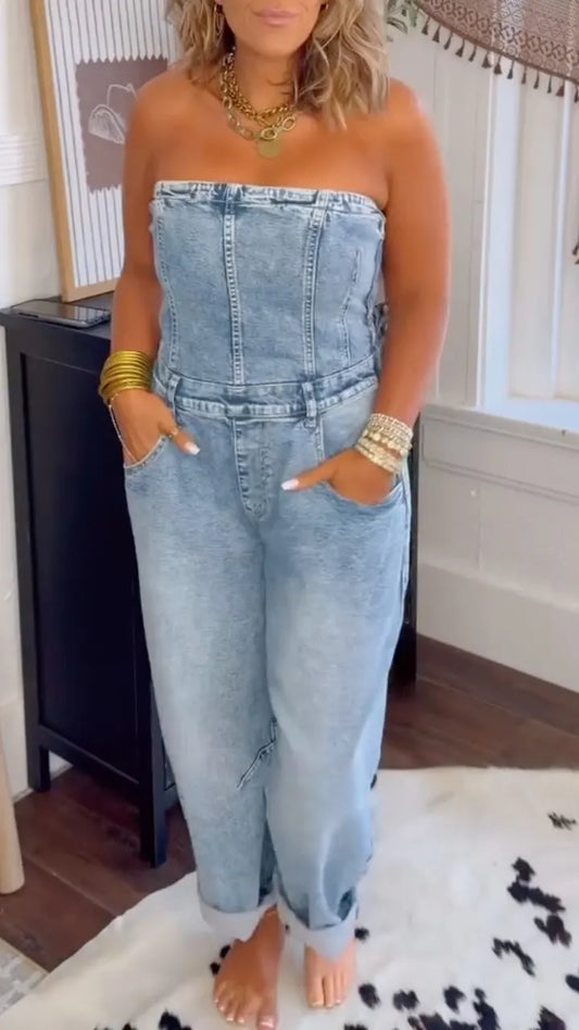 Light Wash Strapless Denim Jumpsuit