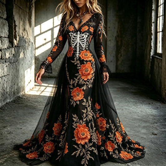 Women's Dark Floral Skull Design V-neck Cotton Linen Long-sleeved Dress