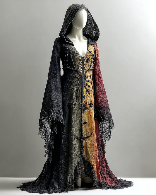 Halloween Themed Contrasting Star And Moon Embroidered Lace Hooded Dress 1737