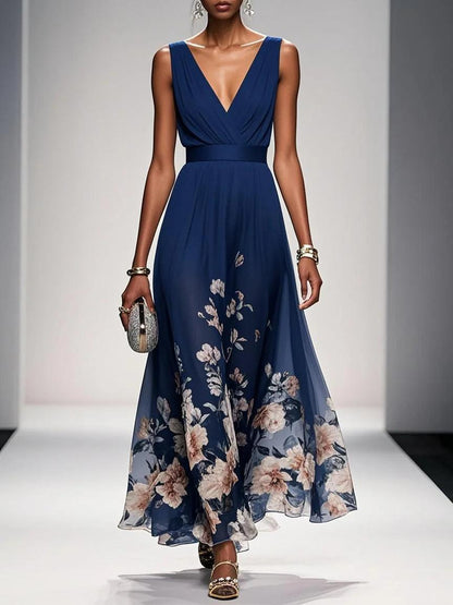 Light Blue Floral Chiffon V Neck Sleeveless A-Line Maxi Dress