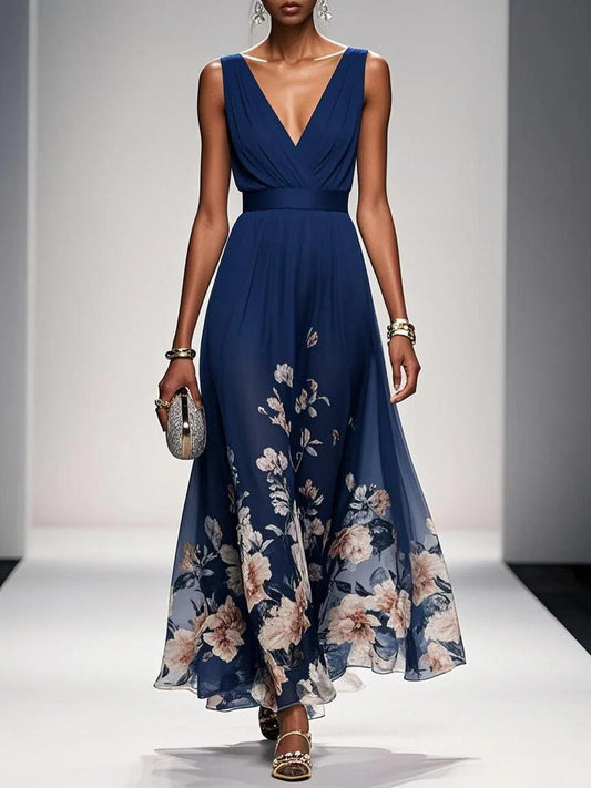 Light Blue Floral Chiffon V Neck Sleeveless A-Line Maxi Dress