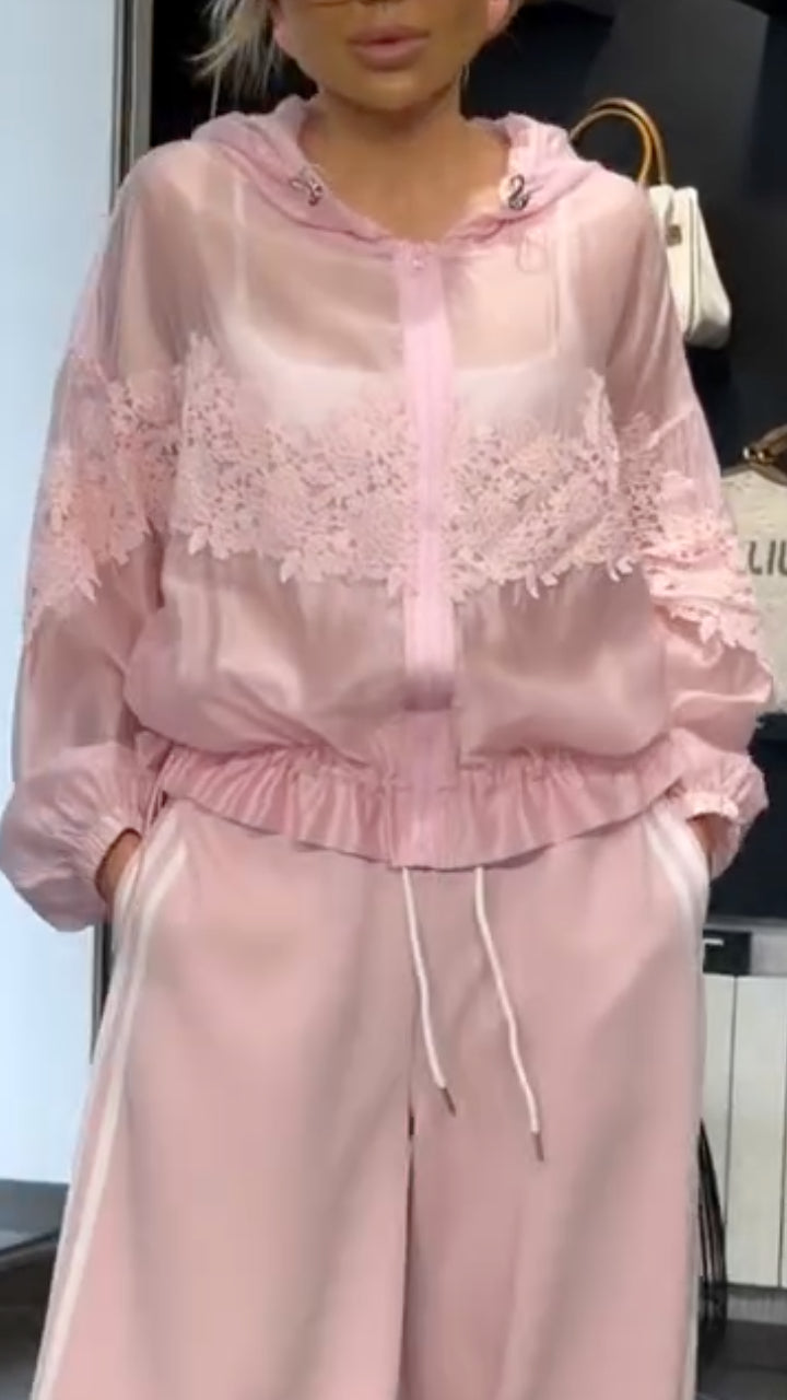 Pink Sheer Lace Trim Two-Piece Tracksuit