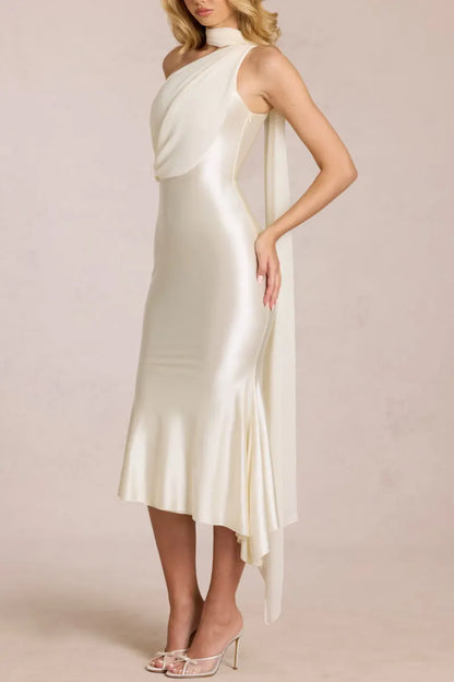 Halter Neck Draped Ruffle Midi Bodycon Evening Party Satin Dress