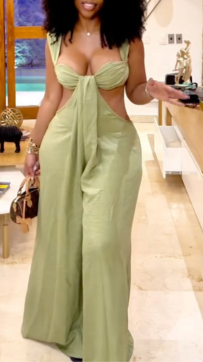 Halter Neck Front Tie Cutout Wide Leg Jumpsuit