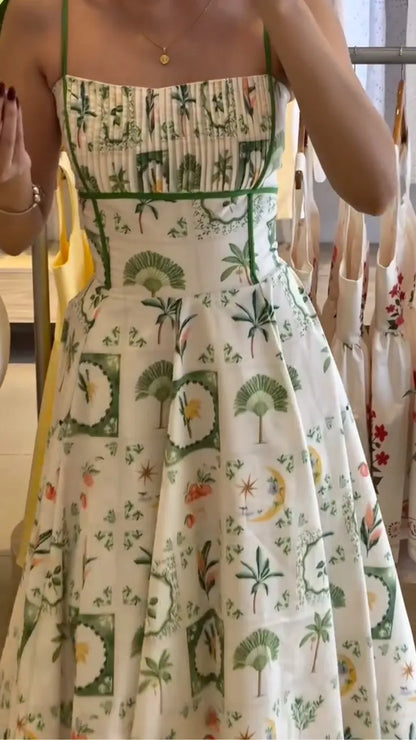 Plant Print Spaghetti Strap Flare Maxi Dress