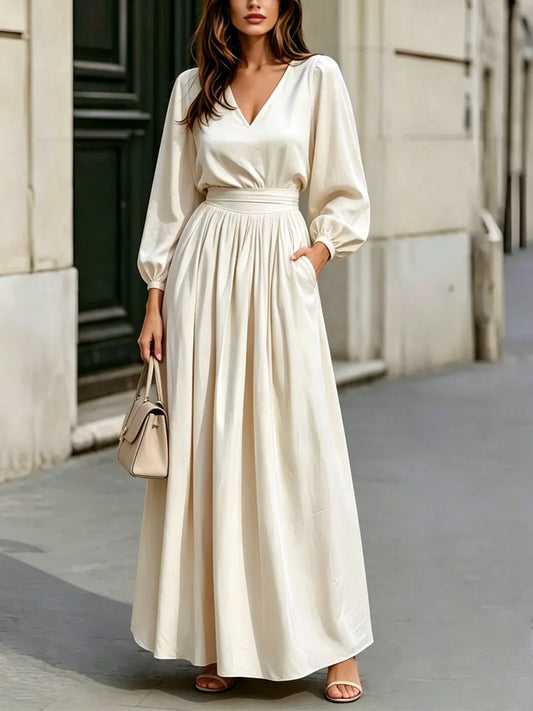 Women's Retro Art Casual Stylish V-collar Long Sleeve Maxi Dress