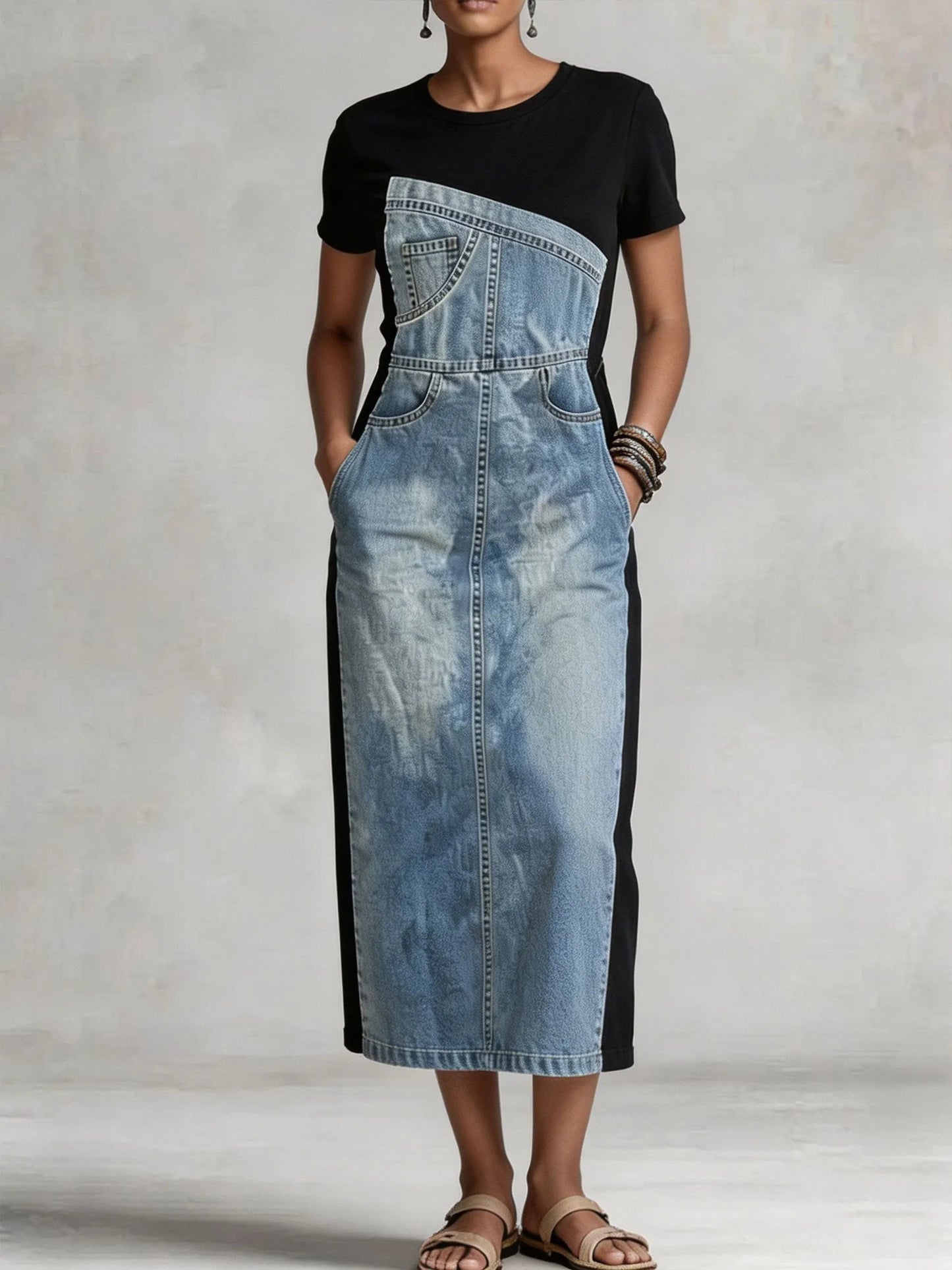 Women’s Asymmetric Denim Spliced Short Sleeve Midi Dress With Pockets