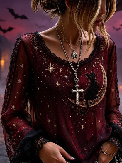 Women's Wine Red Sheer Mesh Long Sleeve V-neck Blouse With Moon And Cat Print