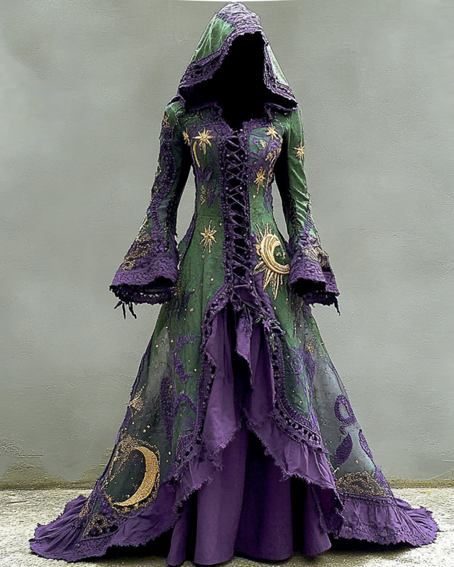 Star and Moon Theme Embroidered Gradient Lace Hooded Dress 3484