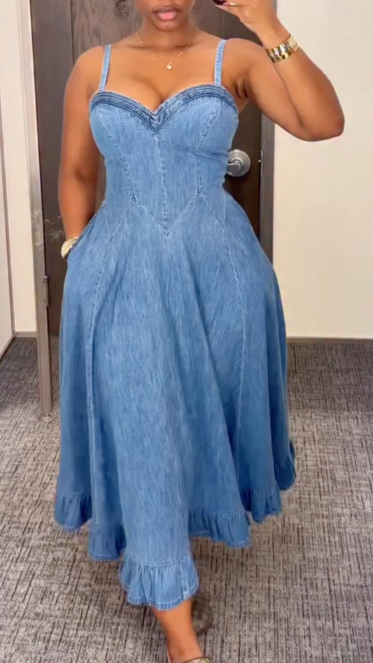 Blue Denim Spaghetti Strap Corset Midi Dress