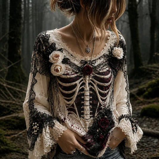 Women's Vintage Halloween Rose And Human Skeleton Art Crew Neck Long Sleeve T-shirt