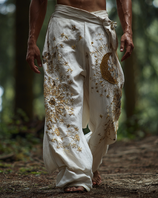 Men's casual star and moon 3D embroidered linen trousers 5bec
