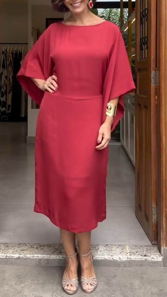 Red Kimono-Sleeve Midi Dress
