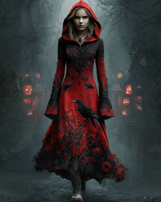 Halloween Contrast Crow Rose Embroidered Hooded Dress 0fa6
