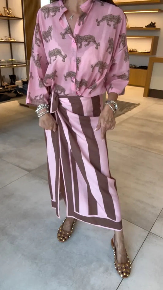 Tiger Print Shirt & Stripe Wrap Midi Skirt Two Piece Set