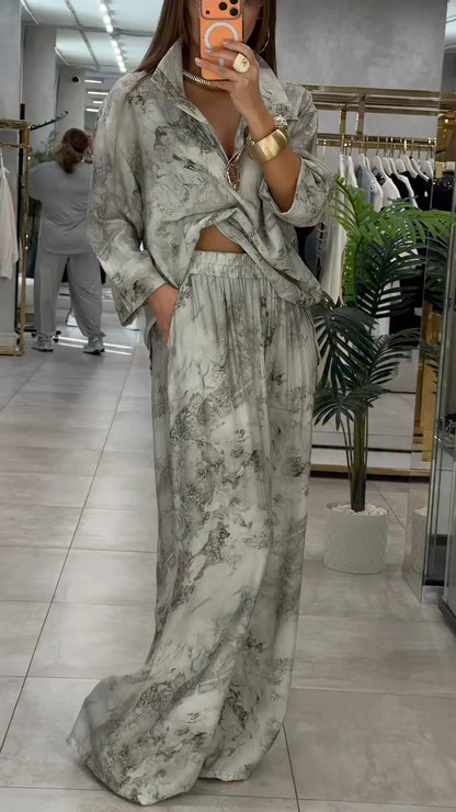 Print Oversized Shirt & Wide Leg Pants Co-Ord Set
