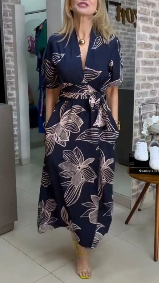 Navy Floral Wrap Midi Dress