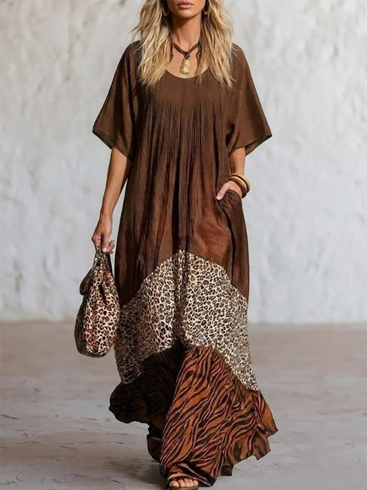 Vintage Bohemian Contrast Animal Print Triple Spliced Flowy Crinkled Maxi Dress