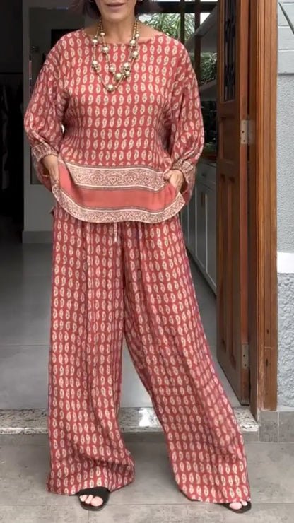 Print Batwing Sleeve Top & Wide Leg Pants Co‑Ord Set