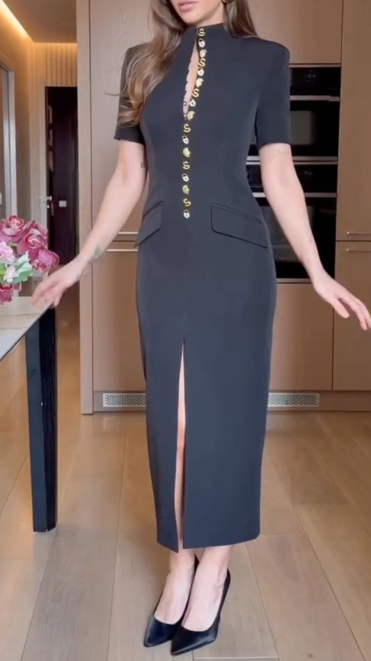 Women's Long Driving Dress with Stand Collar and Multiple Buttons
