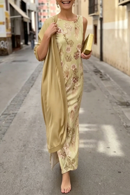 Women's Satin Long Cardigan & Printed Dress Set
