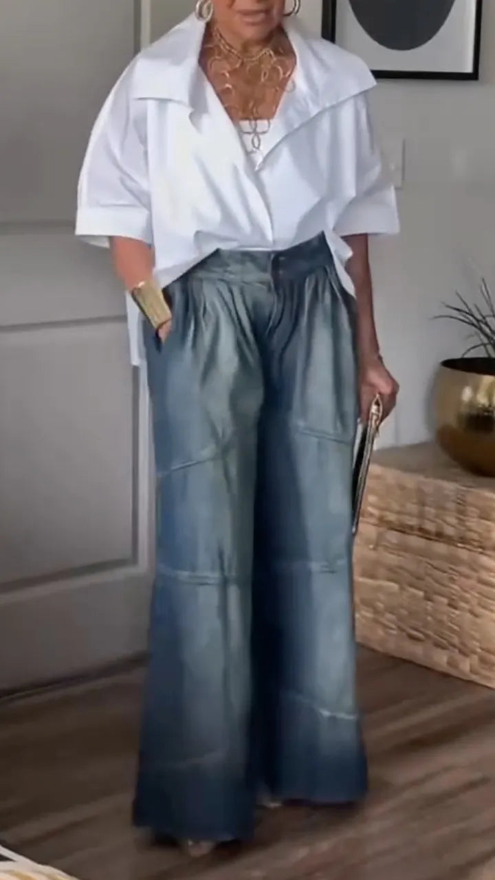 White Oversized Shirt & Denim Wide Leg Pants Set