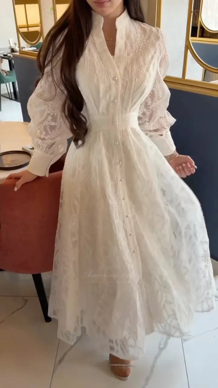 White Lace Button-Front Maxi Dress