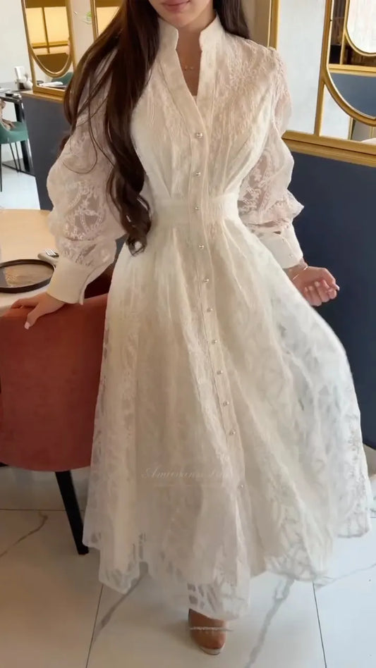White Lace Button-Front Maxi Dress