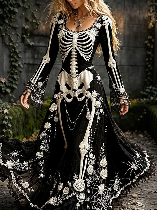 Women's Retro Gothic Spider Skull Floral Pattern Mixi Halloween Dress