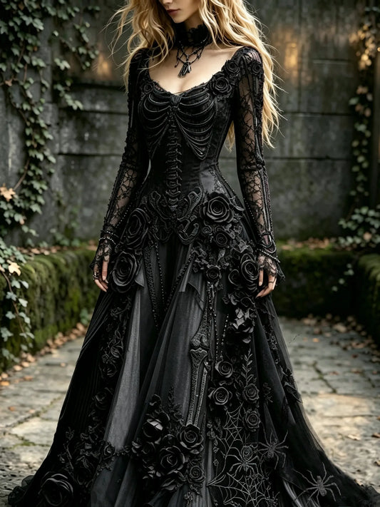 Women's Retro Gothic Black Rose And Human Skeletal Art Pattern Maxi Dress