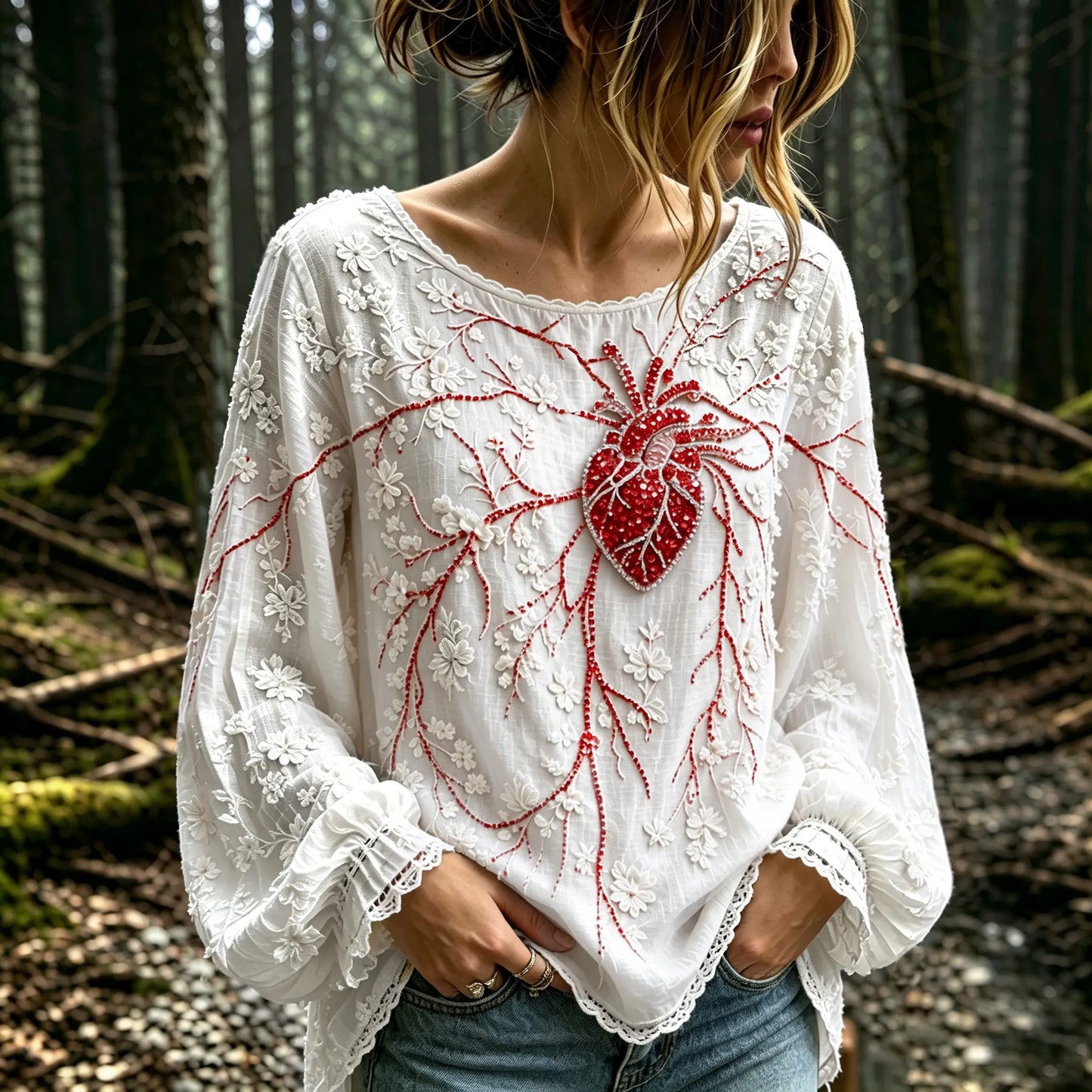 Women's Vintage Floral With Heart Anatomy Rhinestones Art Long Sleeve T-shirt