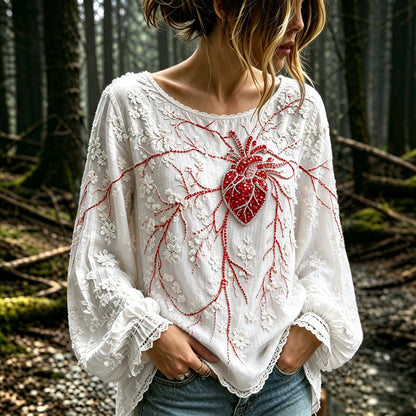 Women's Vintage Floral With Heart Anatomy Rhinestones Art Long Sleeve T-shirt