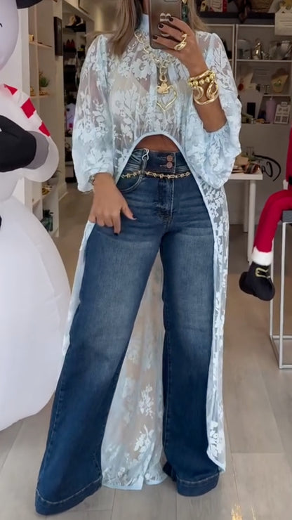 Women's Round Neck Lace Irregular Long Cover‑Up
