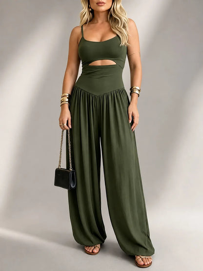 Waist Cutout Tie-Back Flowy Wide Leg Jumpsuit