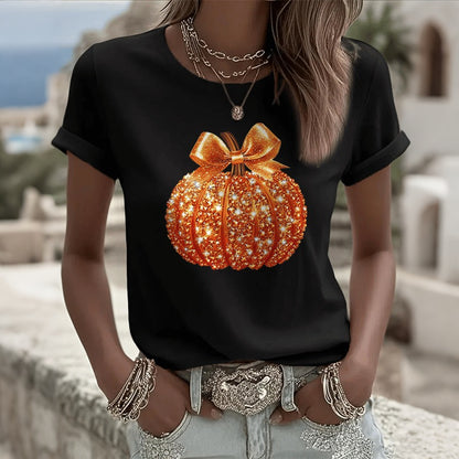 Women's Autumn Sequin Pumpkin Print Crew Neck T-shirt