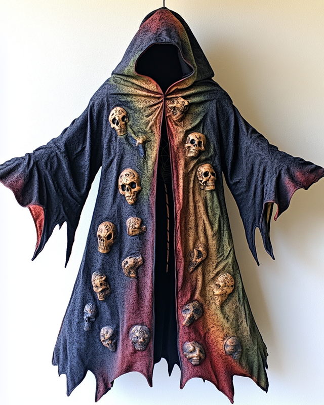 Halloween Themed  Irregular Gradient Skull Embroidered Hooded Cape  a52b