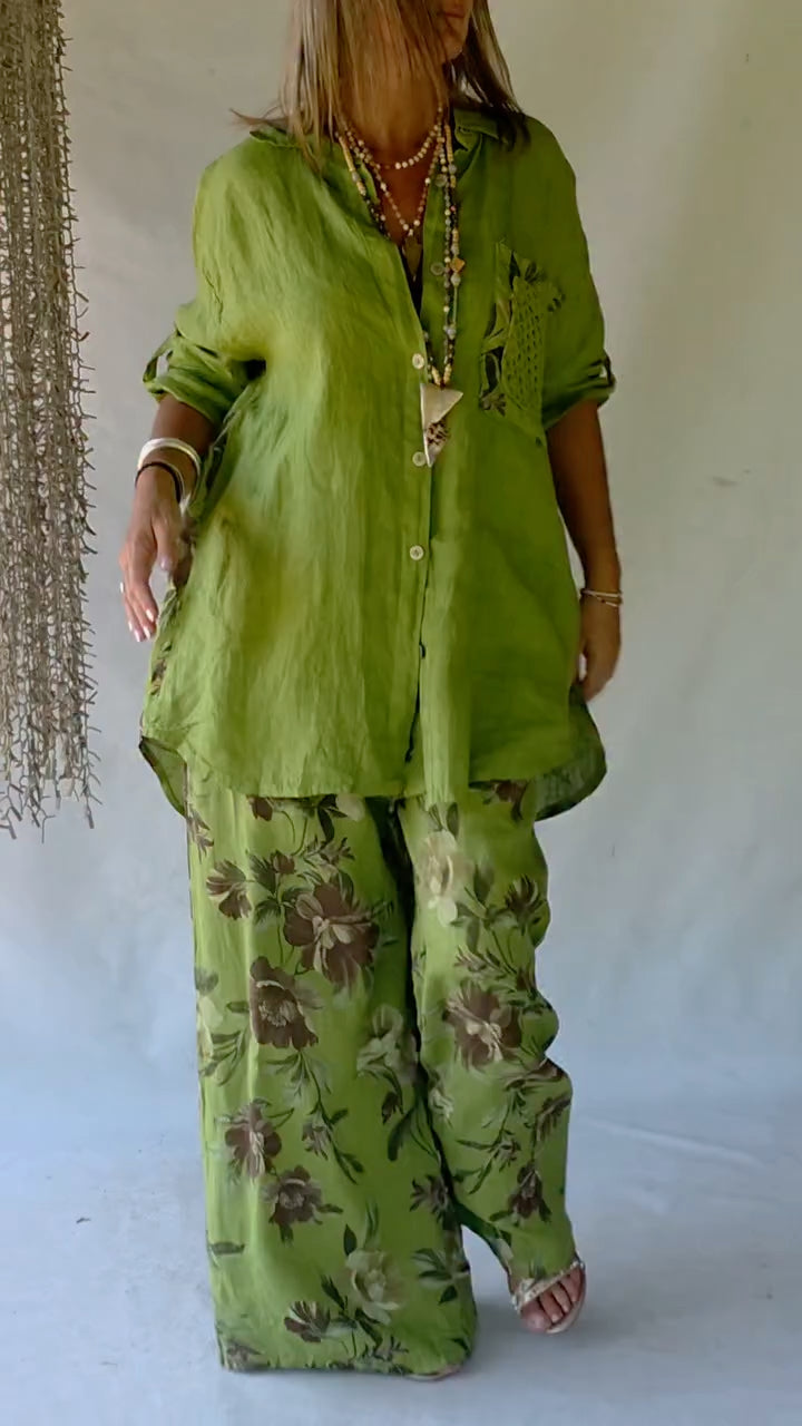 Green Oversized Linen Shirt & Floral Print Pants Co-Ord Set