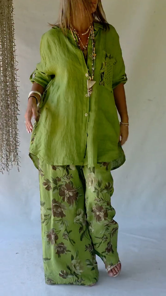 Green Oversized Linen Shirt & Floral Print Pants Co-Ord Set
